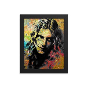 May include: A black and white portrait of a person with long hair against a colourful abstract background. The background features shades of yellow, green, blue, red, and orange.