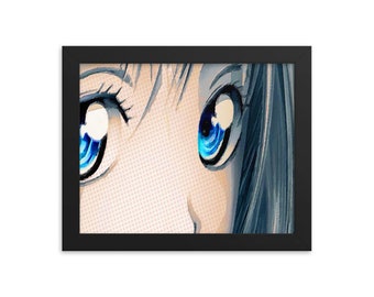 Könnte beinhalten: Nahaufnahme eines Frauen Gesichts mit blauen Augen und einem Comic-Hintergrund.