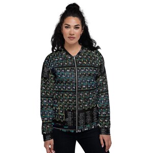 May include: A black bomber jacket with a zipper closure and a colorful periodic table print. The jacket has a stand-up collar and long sleeves.