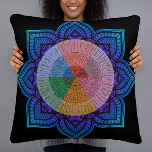 May include: Black cushion with a vibrant mandala design and an emotion wheel at its centre. The wheel displays various feelings in segments, surrounded by a blue and teal floral pattern. The cushion is held by a person.