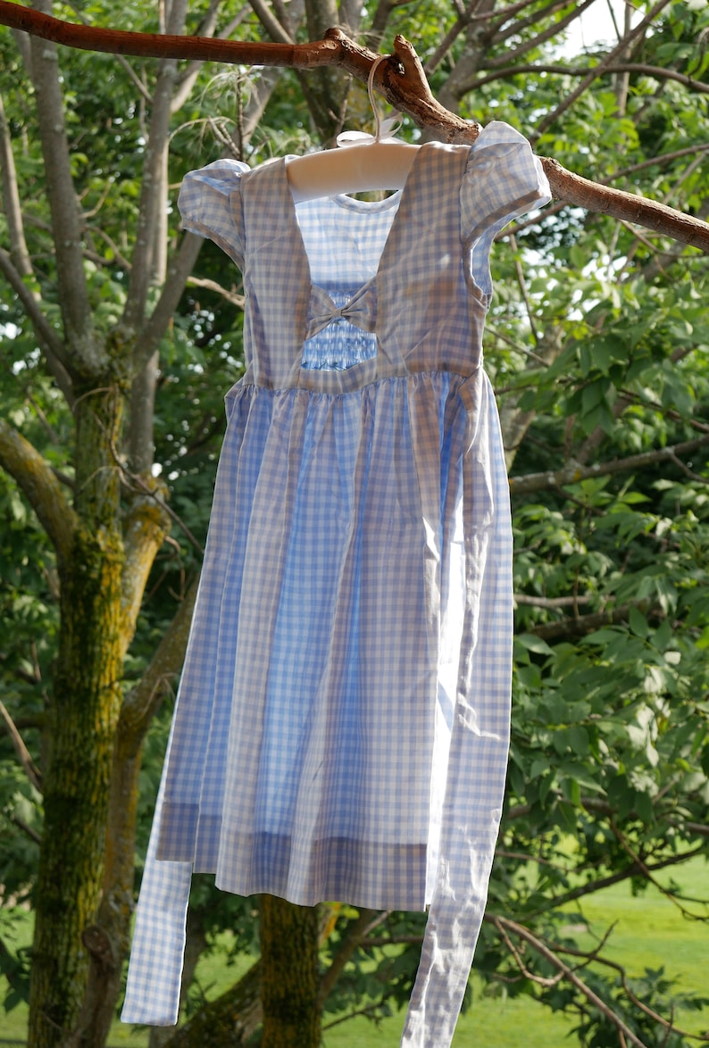 CARRIE smock dress for girl puff sleeves open V-back and with small knot. bluewhite with handmade embroidery