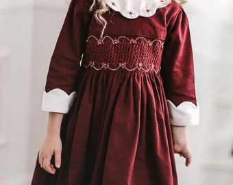 Elegant chic GRACE smocked hand embroidered dress, Burgundy red pique cotton, baby girl child, autumn, Winter, Christmas, Easter, wedding,