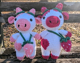 Large Crochet Strawberry Cow - Soft Handmade Amigurumi Plushie