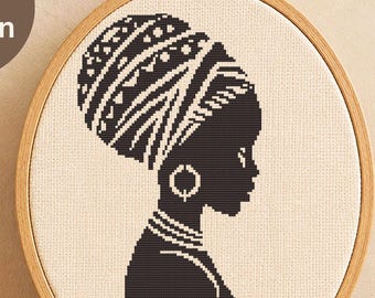 African Girl Cross Stitch Pattern PDF, African Embroidry, Afrohemian Decor DIY, Black Girl Silhouette, Instant Download
