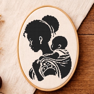 Mother and Baby Cross Stitch Pattern I African Woman Silhouette Embroidery I Afrocentric Wall Art Design I Instant Download