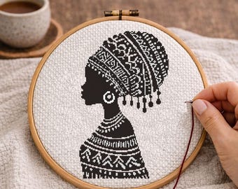 African Woman Cross Stitch Pattern, Black Girl Art, Minimalist Afrocentric Decor, Beginner friendly, Digital Download