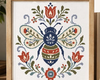 Bee Folk Art Cross Stitch Pattern PDF, Scandinavian Folk Art, Nordic Floral Bee Embroidery, Bees and flowers Chart, Instant Download