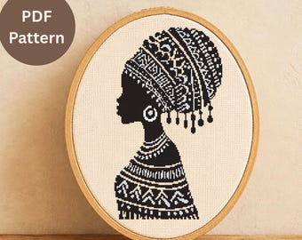 African Woman Cross Stitch Pattern, Black Girl Art, Minimalist Afrocentric Decor, Beginner friendly, Digital Download
