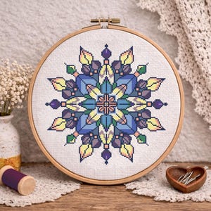 May include: A colorful cross-stitch mandala design in a wooden embroidery hoop. The mandala features blue, yellow, green, and purple geometric patterns. A vase of white flowers, a spool of purple thread, and a small wooden heart-shaped dish are also visible.