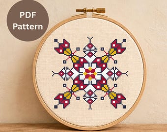 Cross Stitch Pattern PDF, Folk Embroidery DIY, Floral Cross Stitch, Simple Geometric Pattern, Digital download