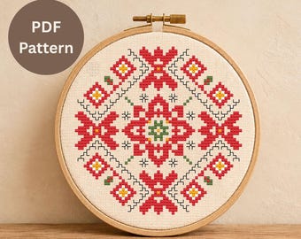Mini Geometric Cross Stitch Pattern PDF I Floral Embroidery Chart I Red Folk Ethnic Motif I Instant Download