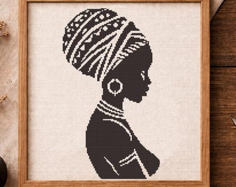 African Folk Embroidery Pattern PDF, African Black Woman Cross Stitch, DIY One Color Pattern, Instant Download