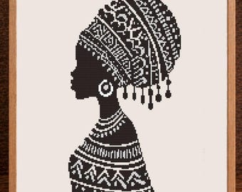 African Woman Cross Stitch Pattern, Black Girl Art, Minimalist Afrocentric Decor, Beginner friendly, Digital Download