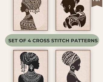 African Women Cross Stitch Bundle, Set of 4 Tribal Embroidery PDF Patterns, Ethnic Folk Decor, Instant Download