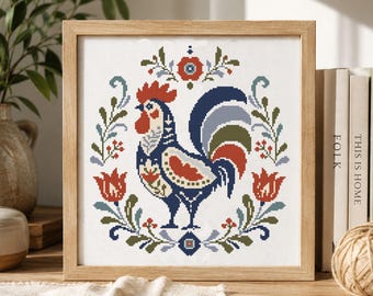 Folk Art Cross Stitch PDF, Scandinavian Embroidery Pattern, Rooster and Flowers, Instant download