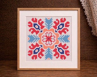 Floral Cross Stitch Pattern PDF for Wall Decor, Geometric Folk Embroidery Design, Boho Home Art DIY, Gift for Mom Crafter
