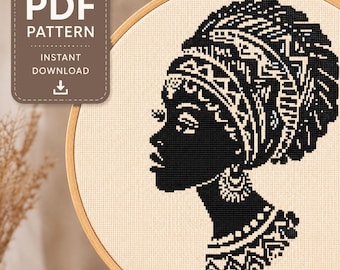 Woman Cross Stitch Pattern PDF, African Embroidry, Afrohemian Decor DIY, Black Girl Silhouette, Instant Download