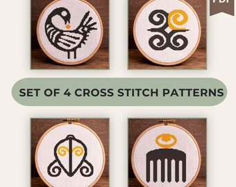 African Cross Stitch Pattern PDF, Bundle of 4, Mini cross stitch, Adinkra Symbols, African Embroidery, Instant Download