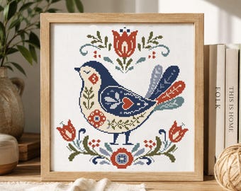 Scandinavian Folk Art Embroidery pattern, Nordic Cross Stitch PDF, Bird and Flowers, Instant download