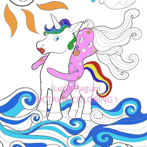 Può includere: Una pagina da colorare stravagante con un unicorno che abbraccia una creatura rosa con accenti floreali, sullo sfondo di onde stilizzate. L'immagine include il testo "Magic World - Coloring Octavia".
