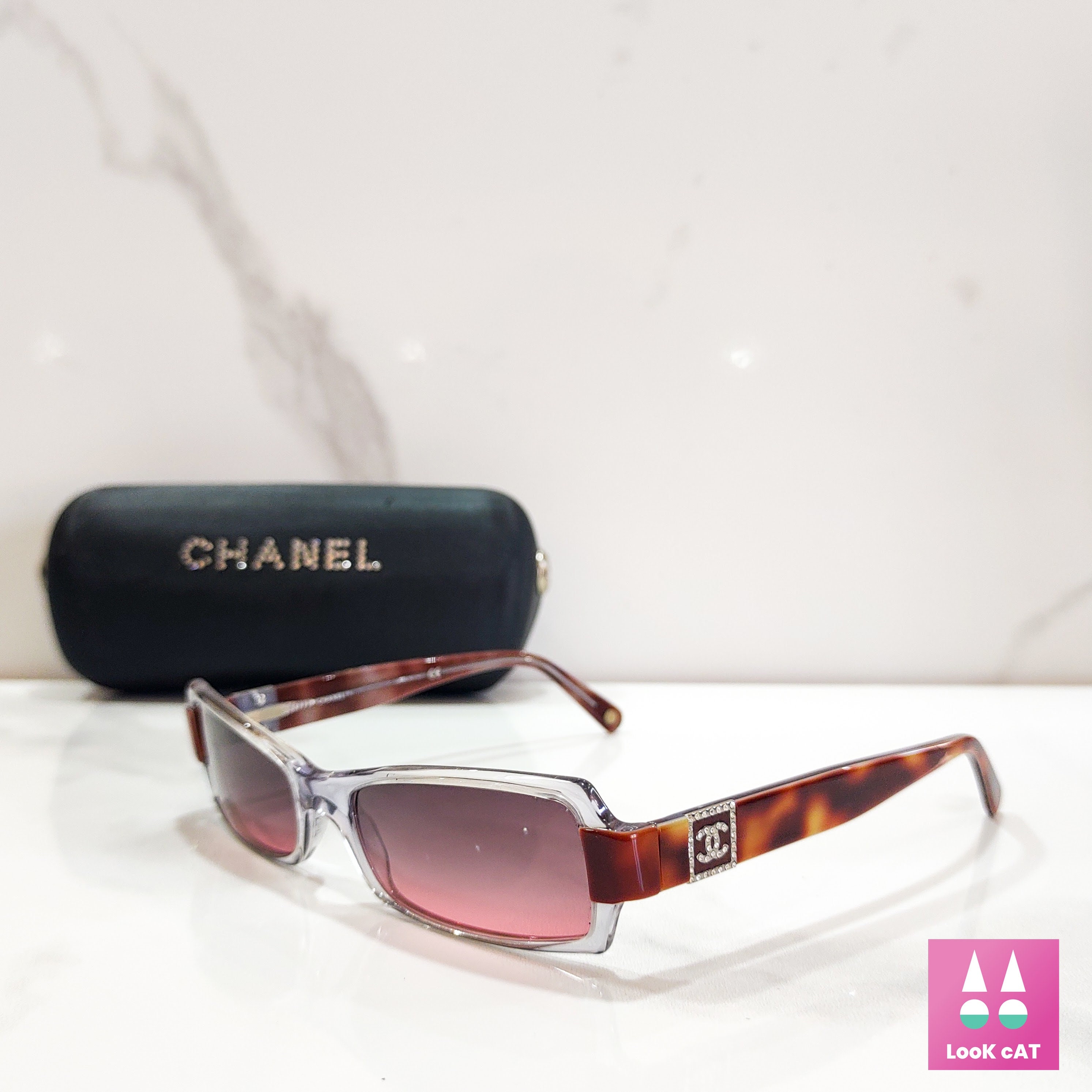 Vintage CHANEL 4095-B Amber Lens Tortoise Frame CC Swarovski Crystal  Sunglasses