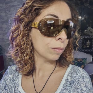 Peut inclure: Lunettes de soleil enveloppantes teint&eacute;es de marron. Les montures ont une bordure dor&eacute;e et un motif jaune et noir sur les branches. Les verres refl&egrave;tent l'environnement.
