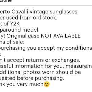 Peut inclure: Texte sur fond blanc : "Lunettes de soleil vintage Roberto Cavalli. Jamais utilis&eacute;, ancien stock. Must de Y2K. Mod&egrave;le enveloppant. D&eacute;sol&eacute; ! &Eacute;tui d'origine NON DISPONIBLE."