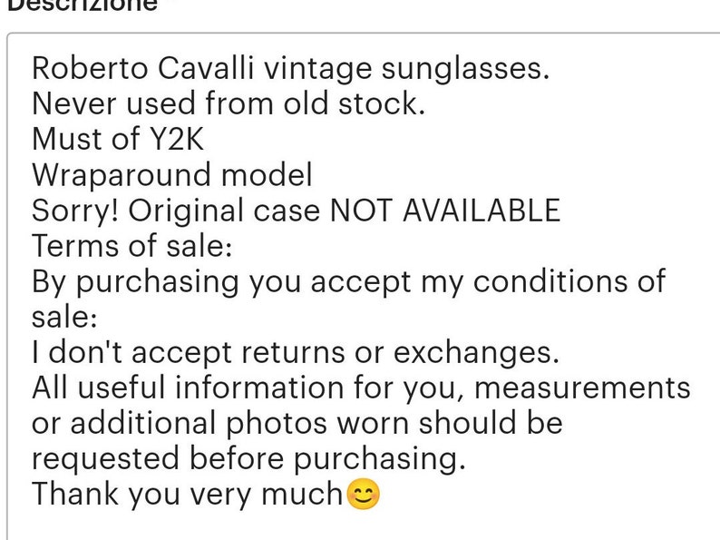 Peut inclure: Texte sur fond blanc : "Lunettes de soleil vintage Roberto Cavalli. Jamais utilis&eacute;, ancien stock. Must de Y2K. Mod&egrave;le enveloppant. D&eacute;sol&eacute; ! &Eacute;tui d'origine NON DISPONIBLE."
