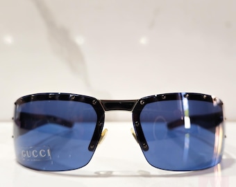 Vintage Gucci GG2653 Shield Sunglasses Y2K Blue Grey Lenses Gold