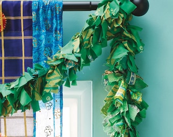 Green Recycled Sari Garland | Sustainable Eco Tinsel | Ethical Handmade Decoration | Fair Trade Festive Décor - Free shipping to UK