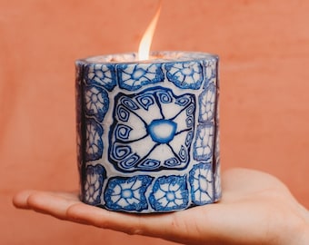 Blue patterned candles | Aesthetic candles in Delft pattern | fair trade ethical Swazi candles | Decorative candles | Reusable table decor