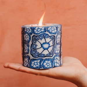Blue patterned candles | Aesthetic candles in Delft pattern | fair trade ethical Swazi candles | Decorative candles | Reusable table decor