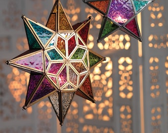 Large Star Glass Lantern | Ethical Hanging tea light holder | Moroccan style tea light holder