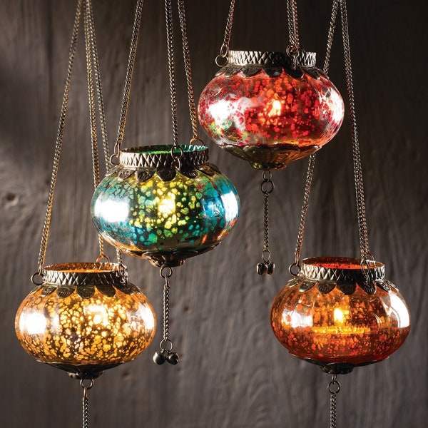 Lanterne en verre suspendue | Lanterne marocaine colorée Silver Crackle | porte-lumière à thé éthique | lanterne à bougie suspendue