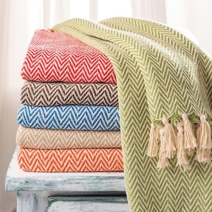 Chevron Recycled Cotton Handloom Throw; ethical soft handmade throw blanket with tassels,