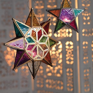 Large Star Glass Lantern | Ethical Hanging tea light holder | Moroccan style tea light holder