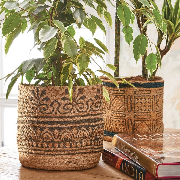 Plant pot; Sustainable Jute Planters with block print; Basket planter, Ethical Indoor plant pot or Storage basket; Ethical Eco-friendly gift