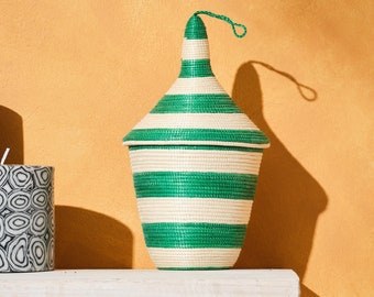 Small Green Stripe basket with lid | Handmade Stacking Baskets from Rwanda | Uduseke Baskets | African Home Decor