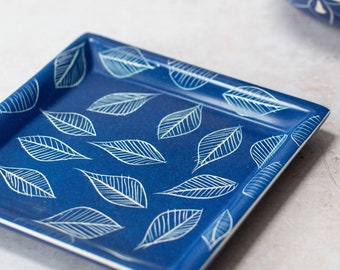 Blue soapstone Plate; decorative trinket dish; unusual carved Leaf plate; Ethical home décor; Gifts for her mum sister