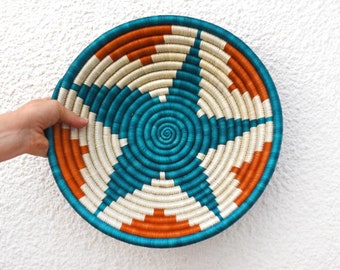 Woven fruit bowl , Ethical Orange and Green basket, Colourful Wall decor, Decorative African basket