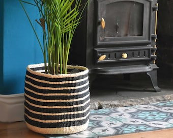 Black Striped Basket | Handwoven ethical African Sisal baskets with black stripes | Monochrome home decor | Modern basket