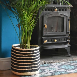 Black Striped Basket | Handwoven ethical African Sisal baskets with black stripes | Monochrome home decor | Modern basket