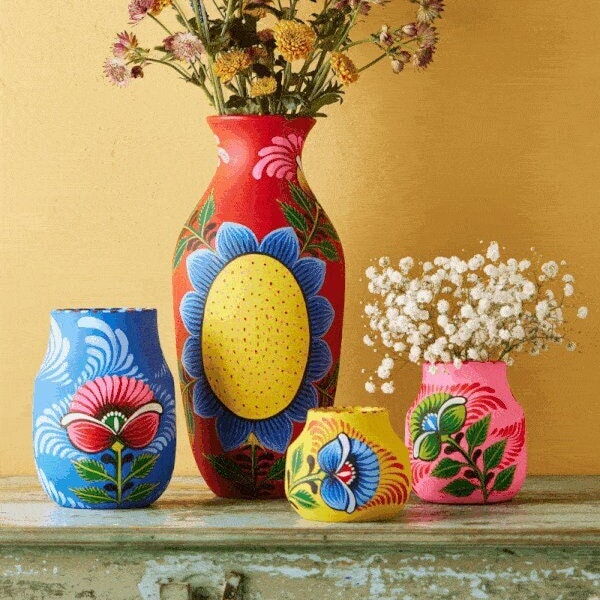 Colourful hand-painted vases, Sustainable, Fair Trade and Vibrant Décor, Maximalist Home Decor, Boho Chic Flower Vase, Dopamine Decor