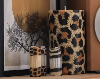 Leopard print pillar candles - Fair trade African animal print candles by swazi candles, unusual table decor