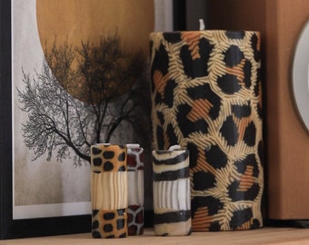 Leopard print pillar candles - Fair trade African animal print candles by swazi candles, unusual table decor