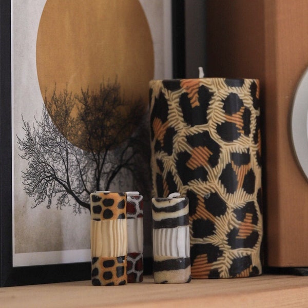 Leopard print pillar candles - Fair trade African animal print candles by swazi candles, unusual table decor