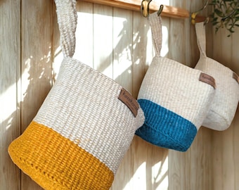 Sisal Hanging Basket with Twist Handle – Handwoven in Kenya | Neutral, Mustard, Indigo, Forest Green | Wall Storage, Hallway, Bathroom
