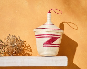 Small Red Zig Zag basket with lid | Handmade Stacking Baskets from Rwanda | Uduseke Baskets | African Home Decor