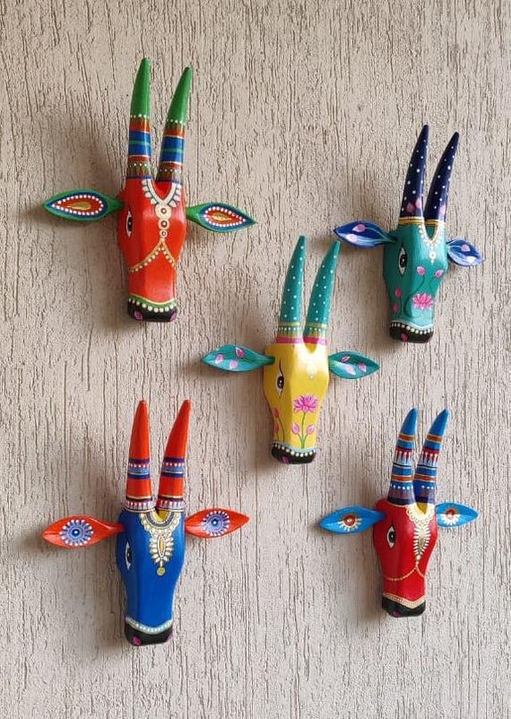 Nandi Bull Wall Mask | Hand Carved Mango Wood | Indian Wall Decor | Boho Hindu Home Decor | Hand Painted Wooden Animal Head