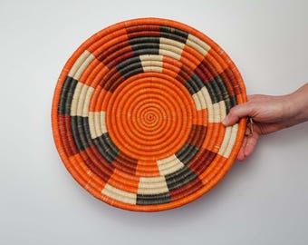 Bright Earthy-Toned Woven Bowl from Uganda | Handwoven Block Pattern Basket | Ethical Home Decor